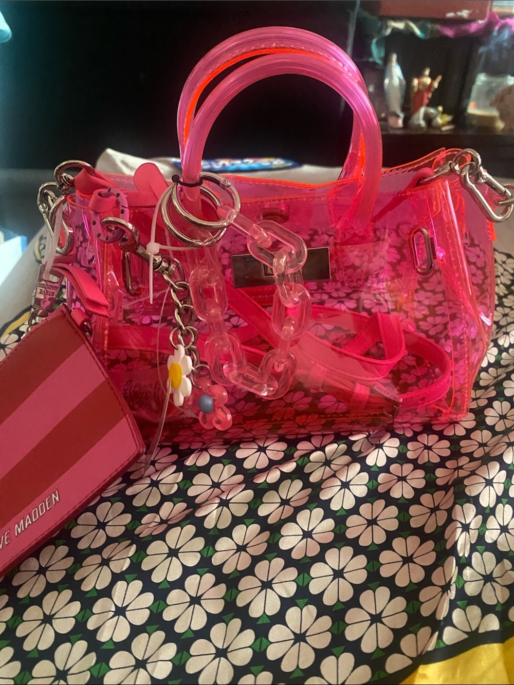 Steve Madden Neon Pink Transparent Mini Satchel with Clear Chain